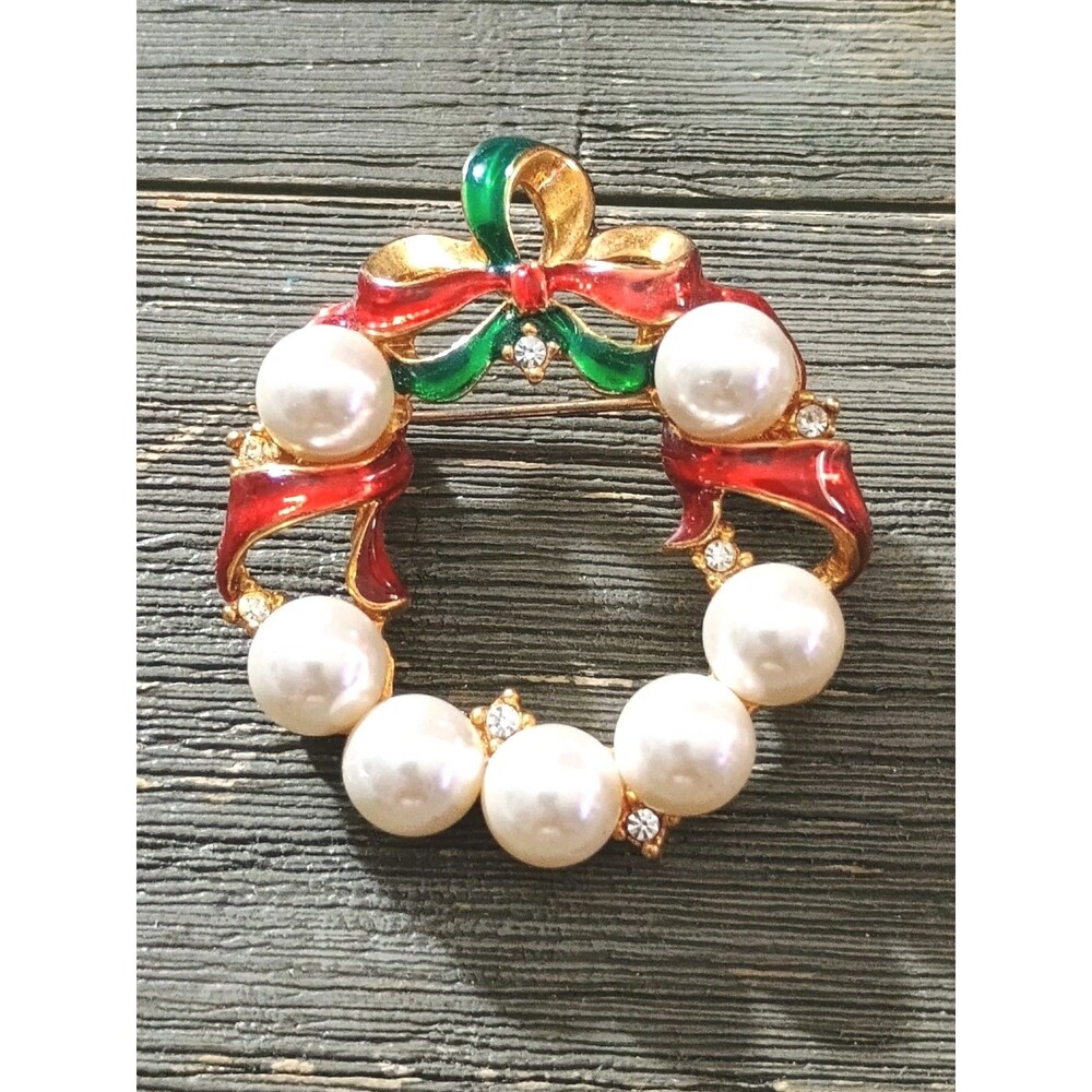 Lilylin Designs Red Green Enamel Faux Pearl Rhinestone Christmas Wreath